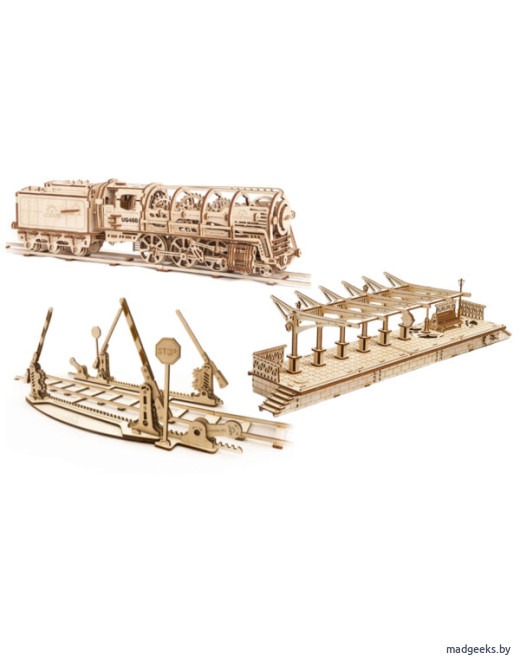Комплект из 3D-пазлов UGears Переезд, Перрон и Локомотив