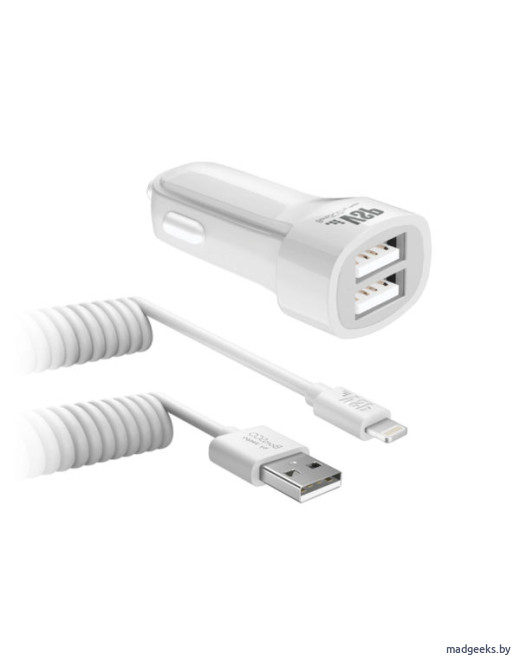 Автомобильное зарядное устройство BoraSCO (VSP) 2 USB, 2,1 A + витой дата-кабель 8 pin (Ligthning) (2 м)