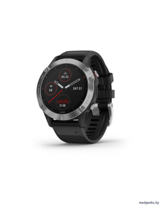 Спортивные часы Garmin Fenix 6 серебристые с черным ремешком