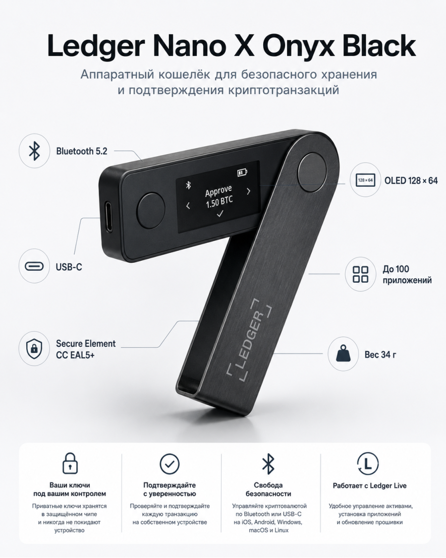 Аппаратный криптокошелёк Ledger Nano X Onyx Black