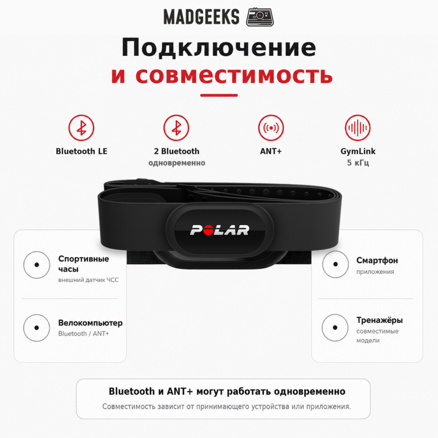 Polar H10 — Bluetooth LE, два одновременных Bluetooth-подключения, ANT+ и GymLink 5 кГц