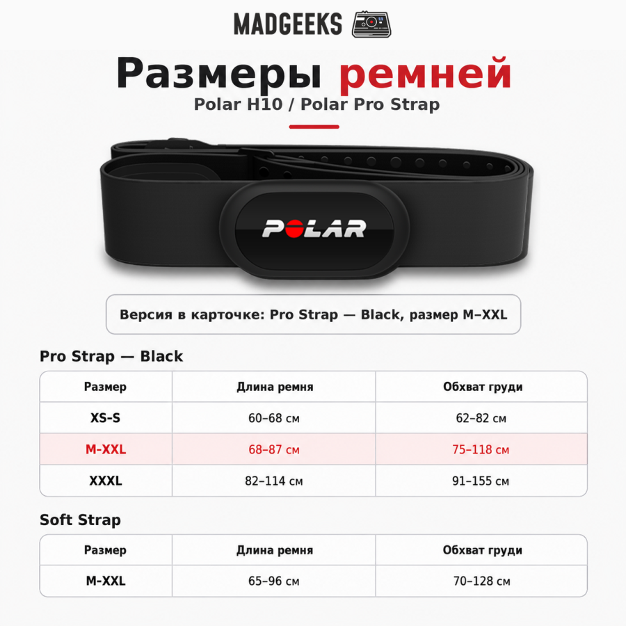 Размеры ремней Polar Pro Strap и Polar Soft Strap для Polar H10