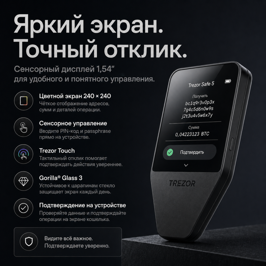 Trezor Safe 5 — сенсорный экран, Trezor Touch и Gorilla Glass 3