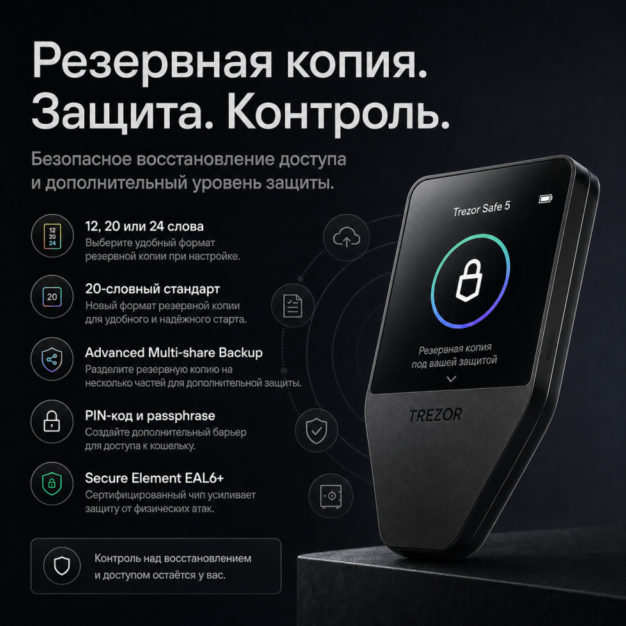Trezor Safe 5 — резервное копирование и защита восстановления