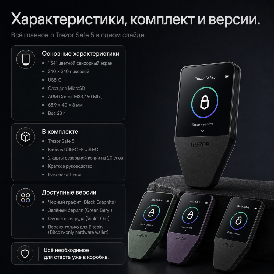 Trezor Safe 5 — технические характеристики, комплектация и версии