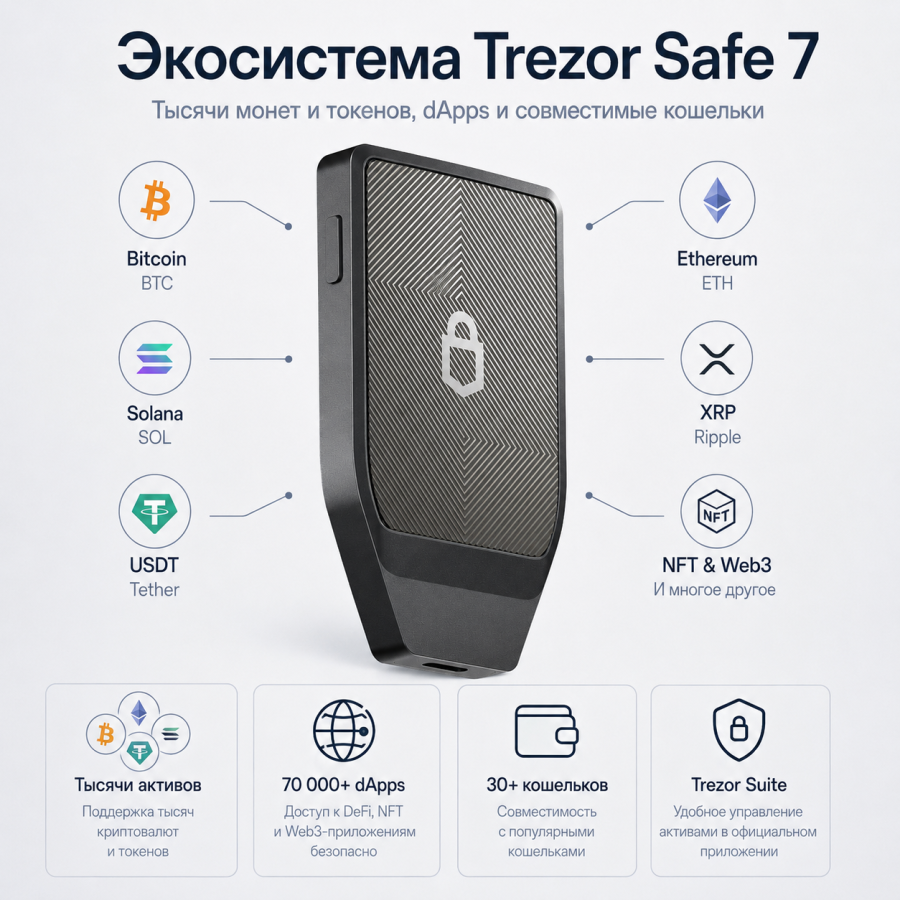 Экосистема Trezor Safe 7 — монеты, токены, dApps и сторонние кошельки
